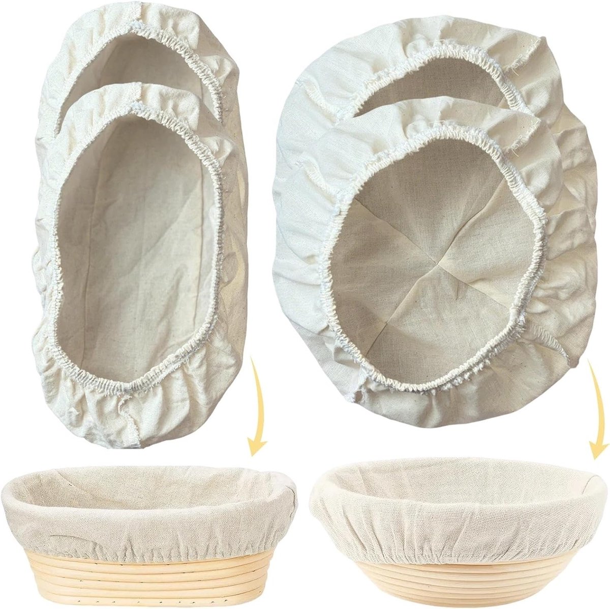 Set van 4 ronde en ovale rijsdoeken – Ademende linnen hoezen voor rijsmandjes met elastische rand – Ideaal voor thuisbakkers en professionele bakkerijen, perfect voor brooddeeg en pizzadeeg