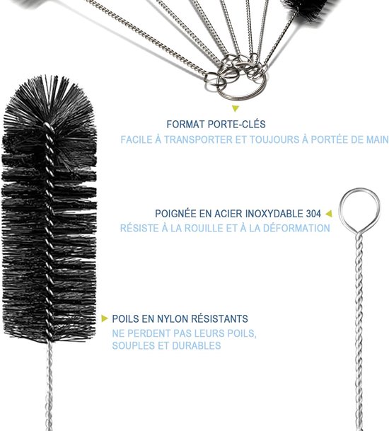 10-delige flessenborstelset, nylon reinigingsborstel voor bekers, geschikt voor rietjes en tuitjes, perfect voor flessen met een smalle hals, babyflesjes, potjes en theepottuitjes,Transparante 10-delige set — afbeelding 4