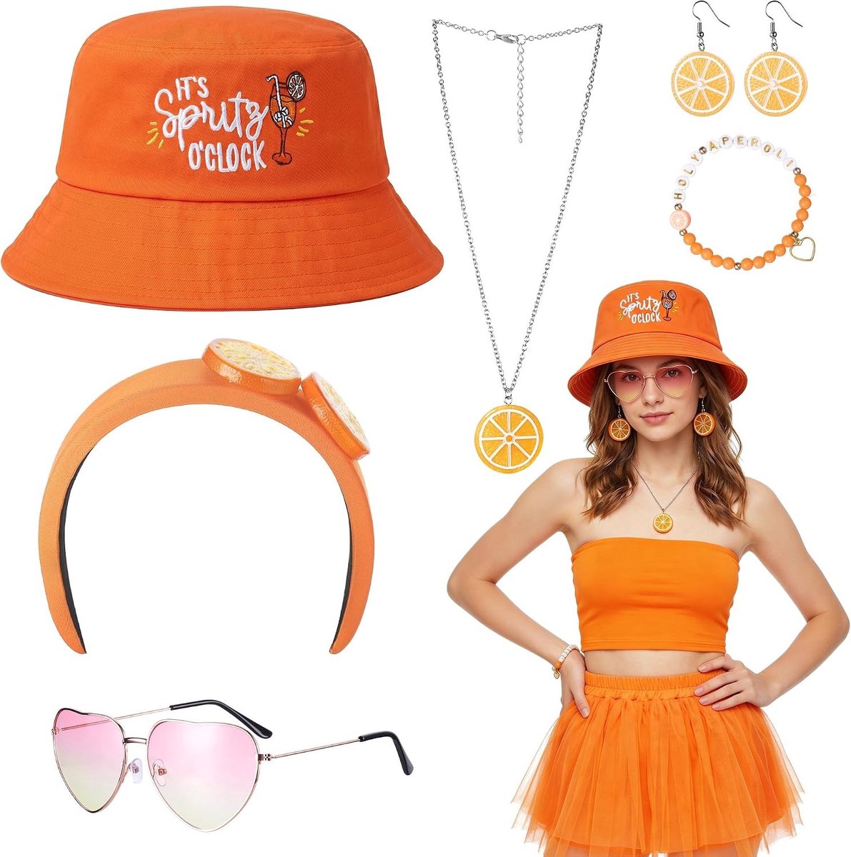 Dames kostuum voor carnaval met vissershoed, haarband, hartvormige bril en accessoires voor themafeestjes en Halloween