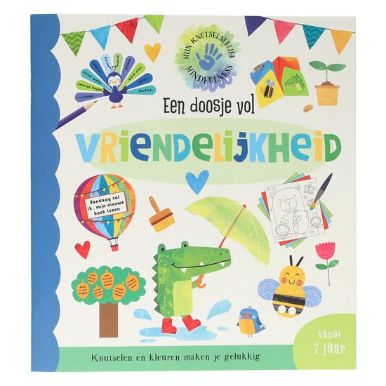 Knutseldoos met 'Vriendelijkheid' in grote letters, illustraties van een krokodil, bij, vogel, boom, heteluchtballon en pauw. Vanaf 7 jaar.
