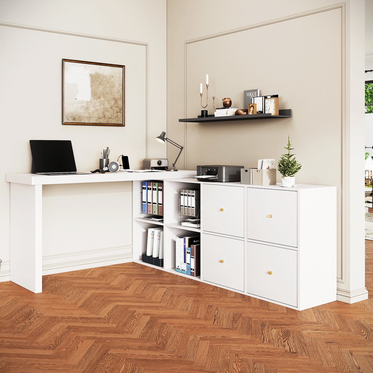 OKWISH Bureau - 360 Graden Draaibaar Hoekbureau Met 4 Lades En 4 Open Vakken - Flexibel Voor Thuiskantoor - MDF Wit - 140 x 120 x 78 cm