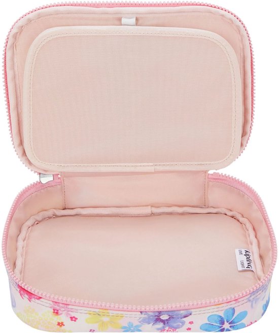 Geopend wit etui met bloemenprint, roze binnenzijde met twee compartimenten.