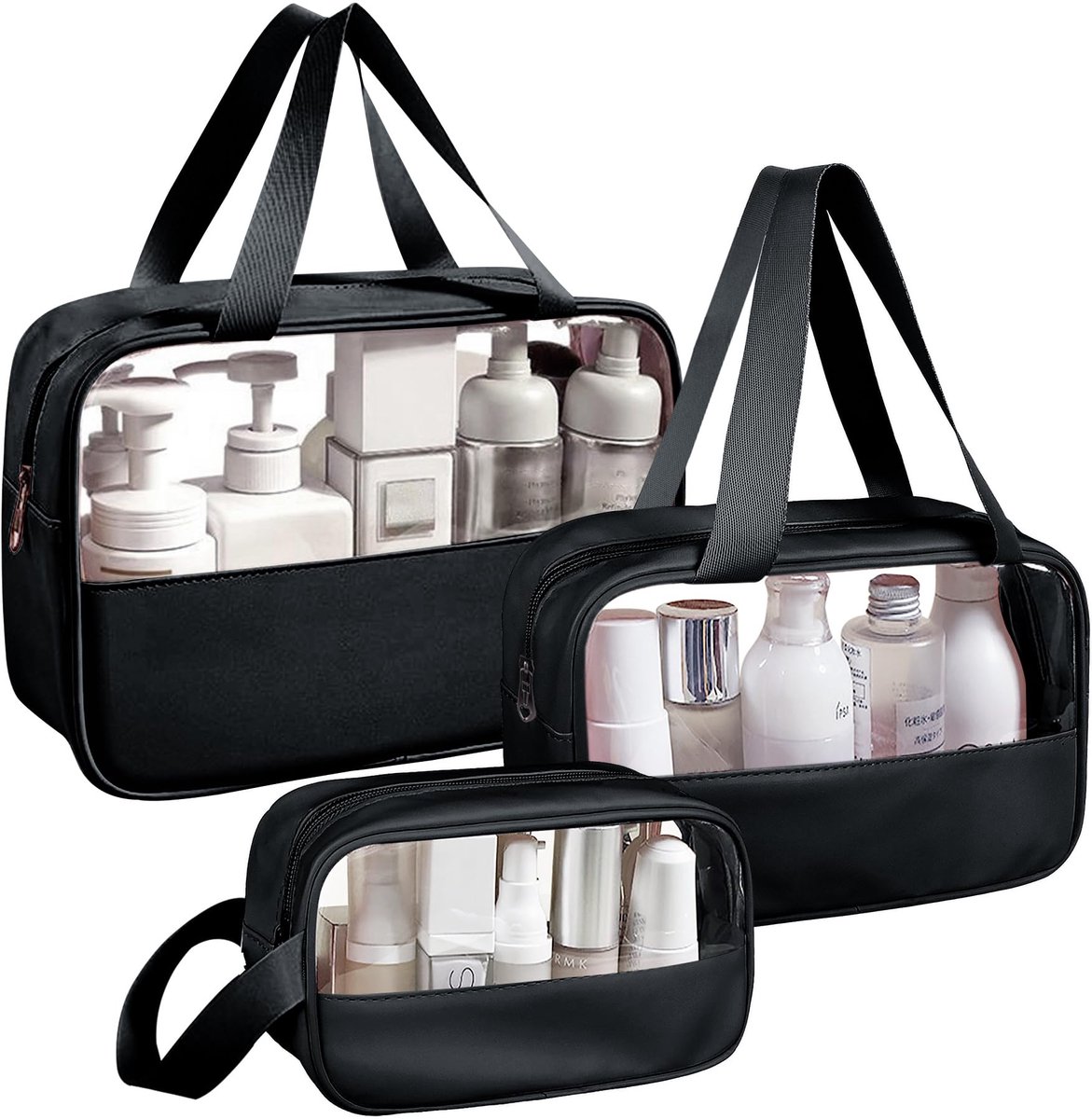 Make-up Tas Dames 3-Delige Set Zwart – Transparante Cosmeticatas Set – Waterdichte Toilettas – Grote, Middelgrote en Kleine Reis Organizer – PVC Opbergtassen voor Cosmetica & Toiletartikelen