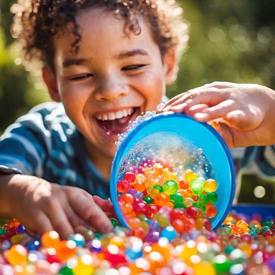 Lachende jongen met krullend haar die veelkleurige waterparels uit een blauwe bak giet.
