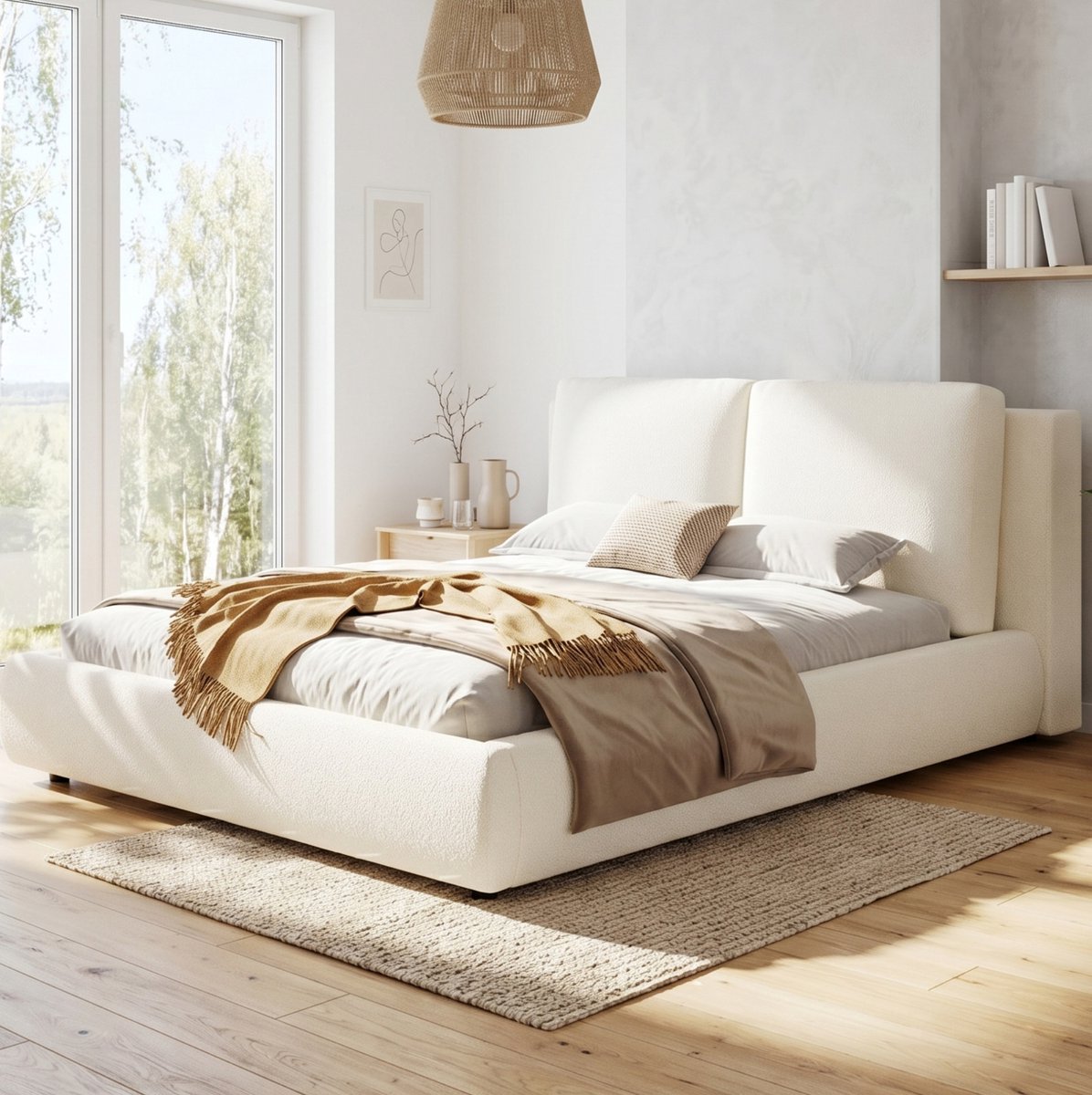 STILVORA Gestoffeerd Bed 180x200 cm – Tweepersoonsbed Met Lattenrost En Ergonomisch Hoofdbord – Zonder Matras – Bouclé – Beige