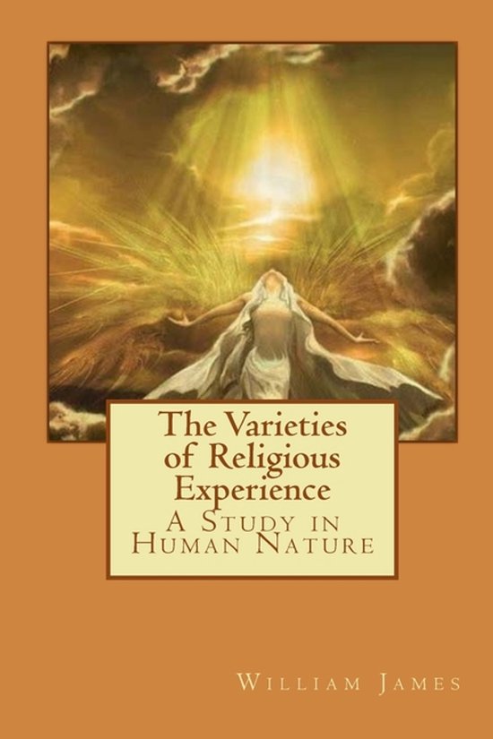 Boekomslag: "The Varieties of Religious Experience" door William James, met een vrouw die haar armen uitstrekt naar het licht.