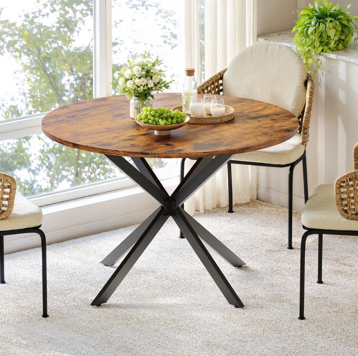 FloraGrace Eettafel - Ronde Tafel Met Industrieel Design En X-Poten - Voor Eetkamer Keuken