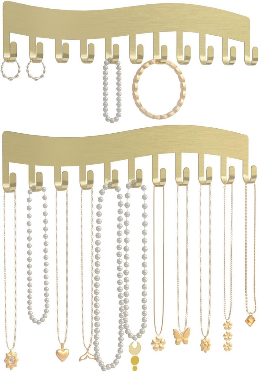 Robuuste Muurkettinghouder voor Sieraden - Organizer voor Kettingen, Armbanden en Oorbellen - Wandopslag voor Sieraden, 2 Stuks in Goud, Perfect voor Thuisdecoratie