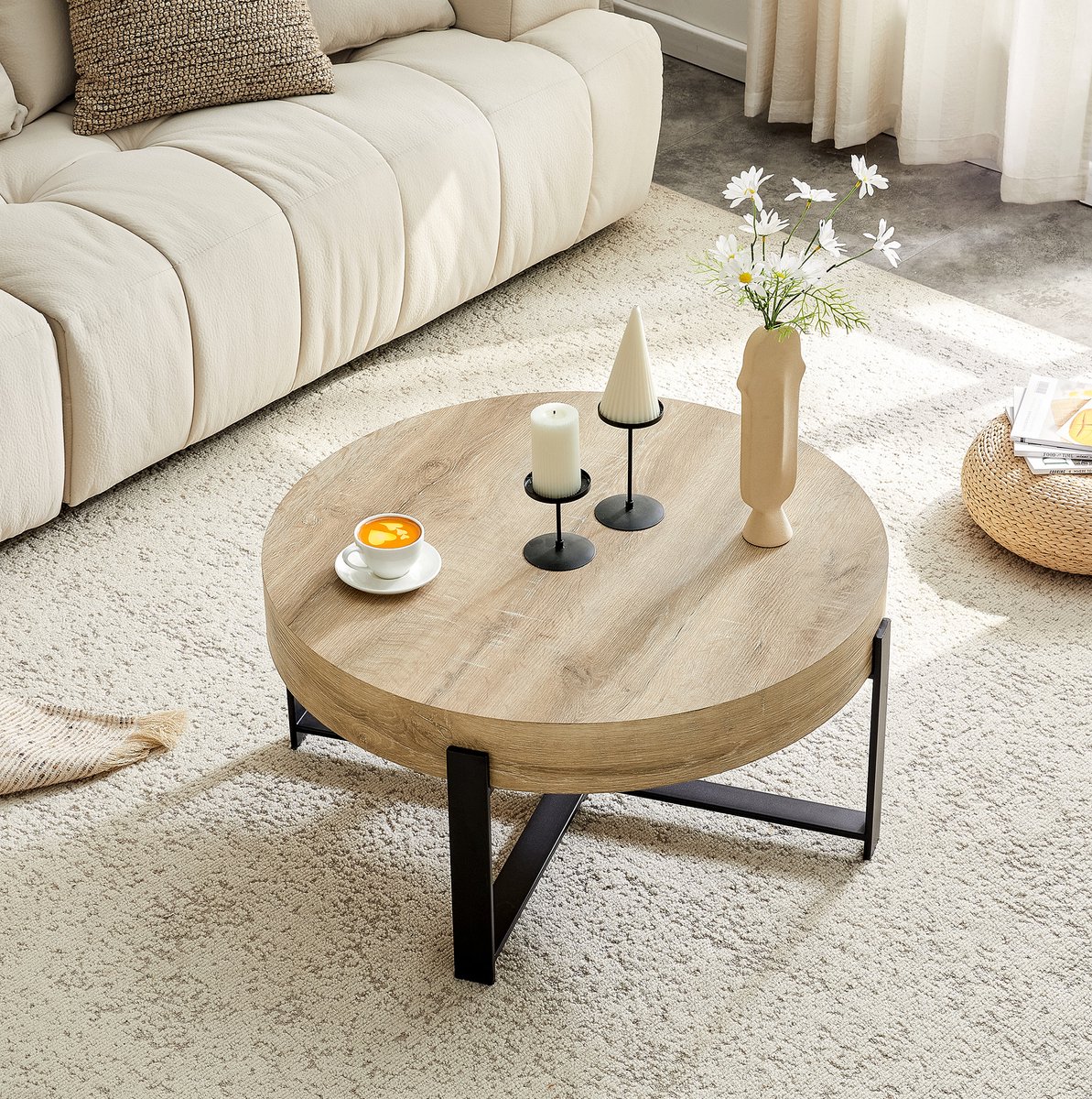 STILVORA Salontafel - Ronde Koffietafel In Retro Industriele Stijl - Voor Woonkamer Of Slaapkamer - MDF En Metaal - 68x36 Cm - Zwart;Houtkleur