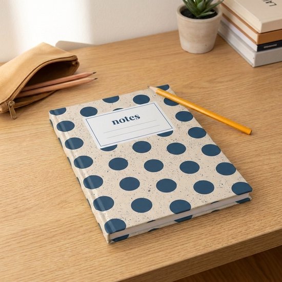 Een notitieboek met een beige kaft met donkerblauwe stippen, liggend op een houten bureau naast een potlood en een etui.