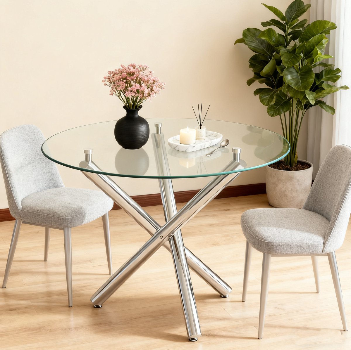 STILVORA Eettafel - Ronde Glazen Tafel Met Metalen X-Poot - Voor 2 Tot 4 Personen In Eethoek En Keuken - Zilver - 80 Cm