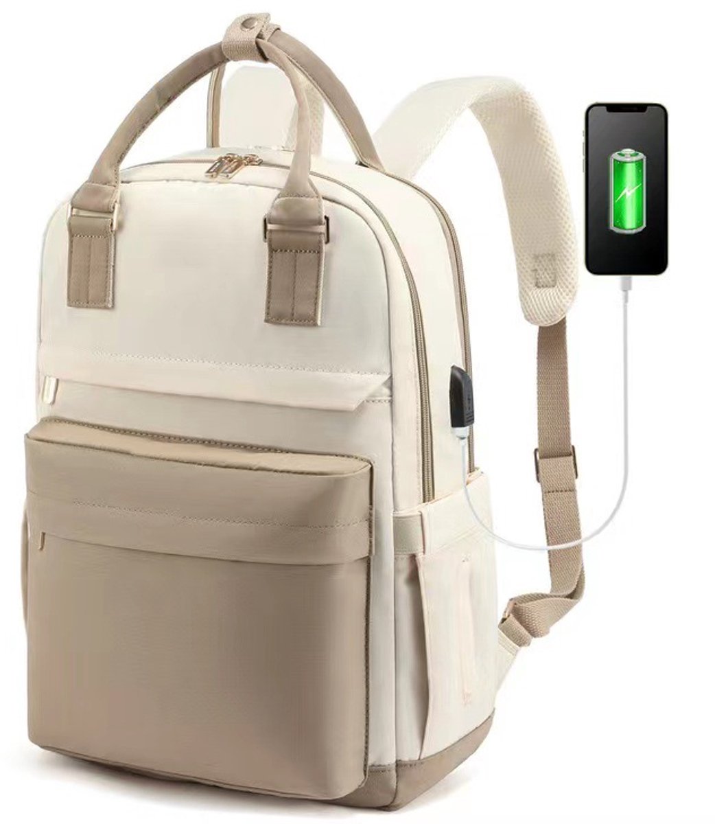 Laptop Rugzak Dames 15.6 Inch - Luxe Schooltas en Werk Rugtas met USB Oplaadpoort - Waterafstotende Anti-diefstal Reisrugzak - Khaki Beige