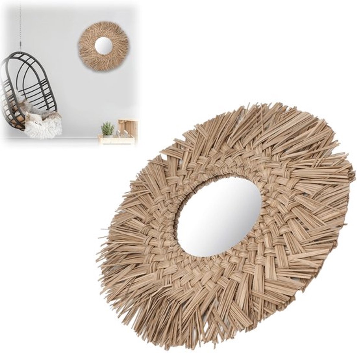Wanddecoratiespiegel, HD-beeld Prachtige geweven wandspiegel van stro, decoratief roestvrij staal, gemakkelijk op te hangen voor thuis, voor in de badkamer (natuur)