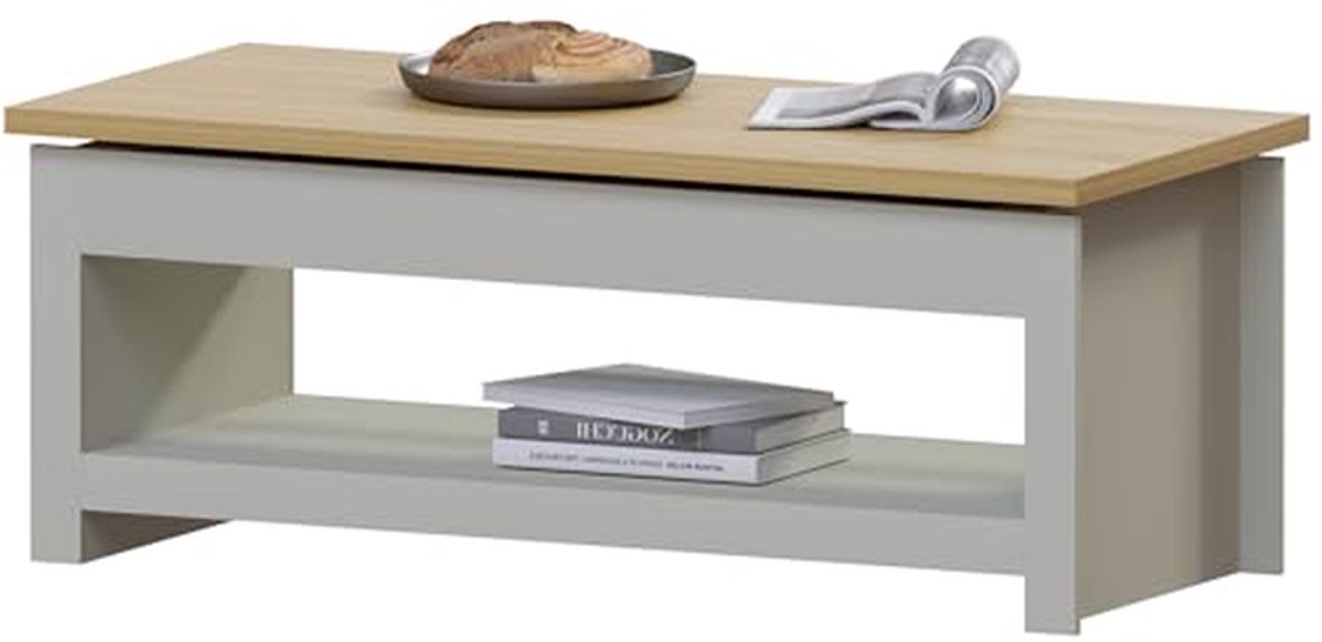 Salontafel Schuifblad - Koffietafel Opbergruimte - Woonkamer Opbergen - Tweekleurig Design - 105 x 47 cm - Grijs en Eiken