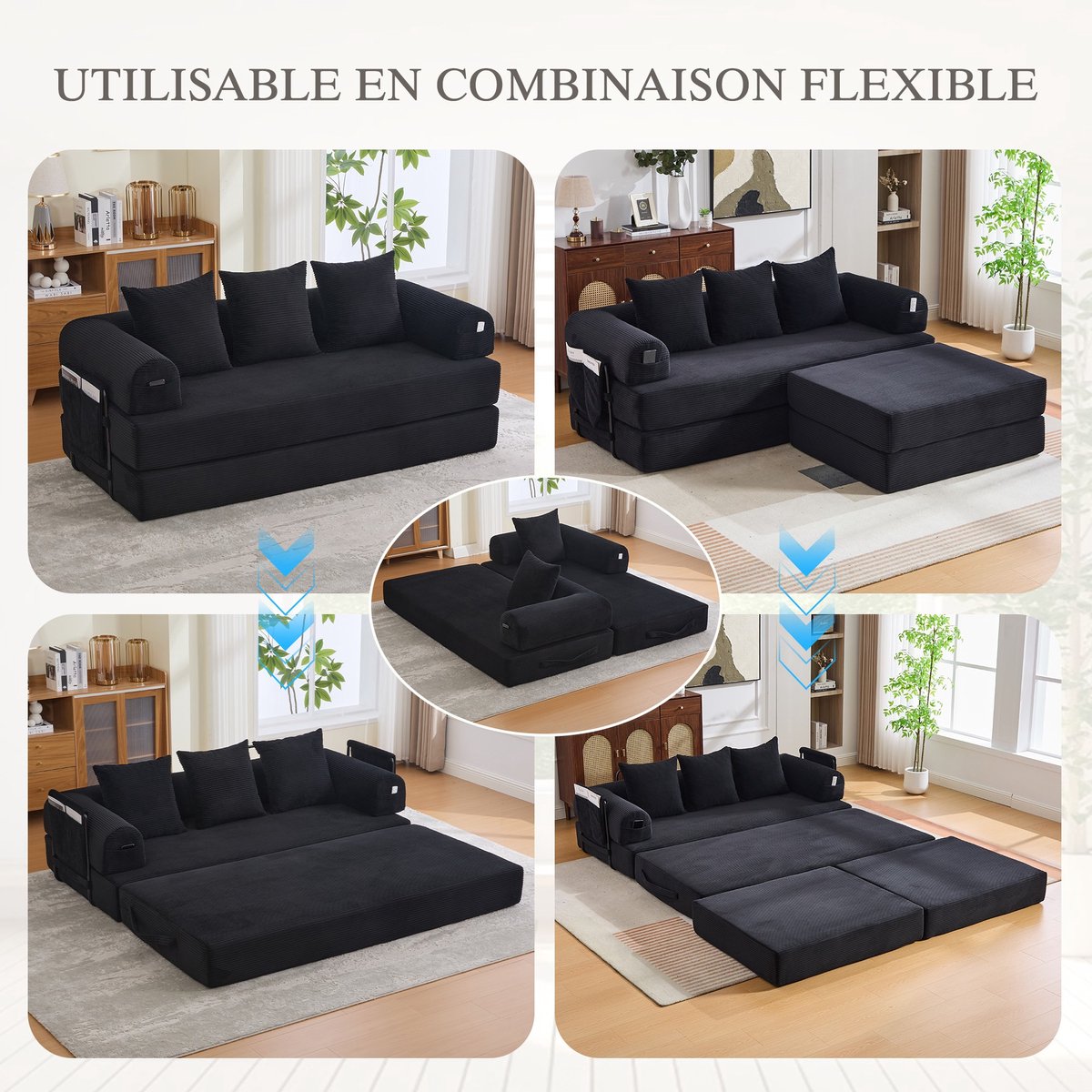 YYchan modulaire bank met hocker - zwart - 200 x 190 x 67 cm