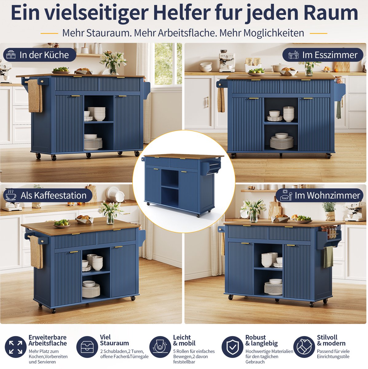 OKWISH Keukenkast - Verrijdbare Keukeninsel Met Uitklapbaar Werkblad - 143 x 45 x 89,5 cm - 2 Laden 2 Deuren - MDF Blauw Bruin