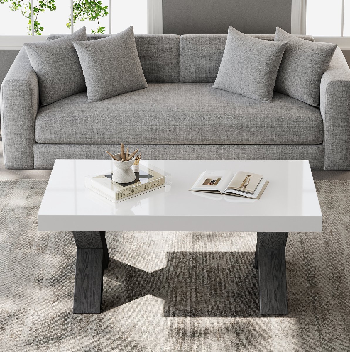 OKWISH Salontafel - Rechthoekige Hoogglans Tafel - 100 x 50 x 40 cm - X-Vormige Poten - Voor Woonkamer Of Balkon - MDF Wit Zwart