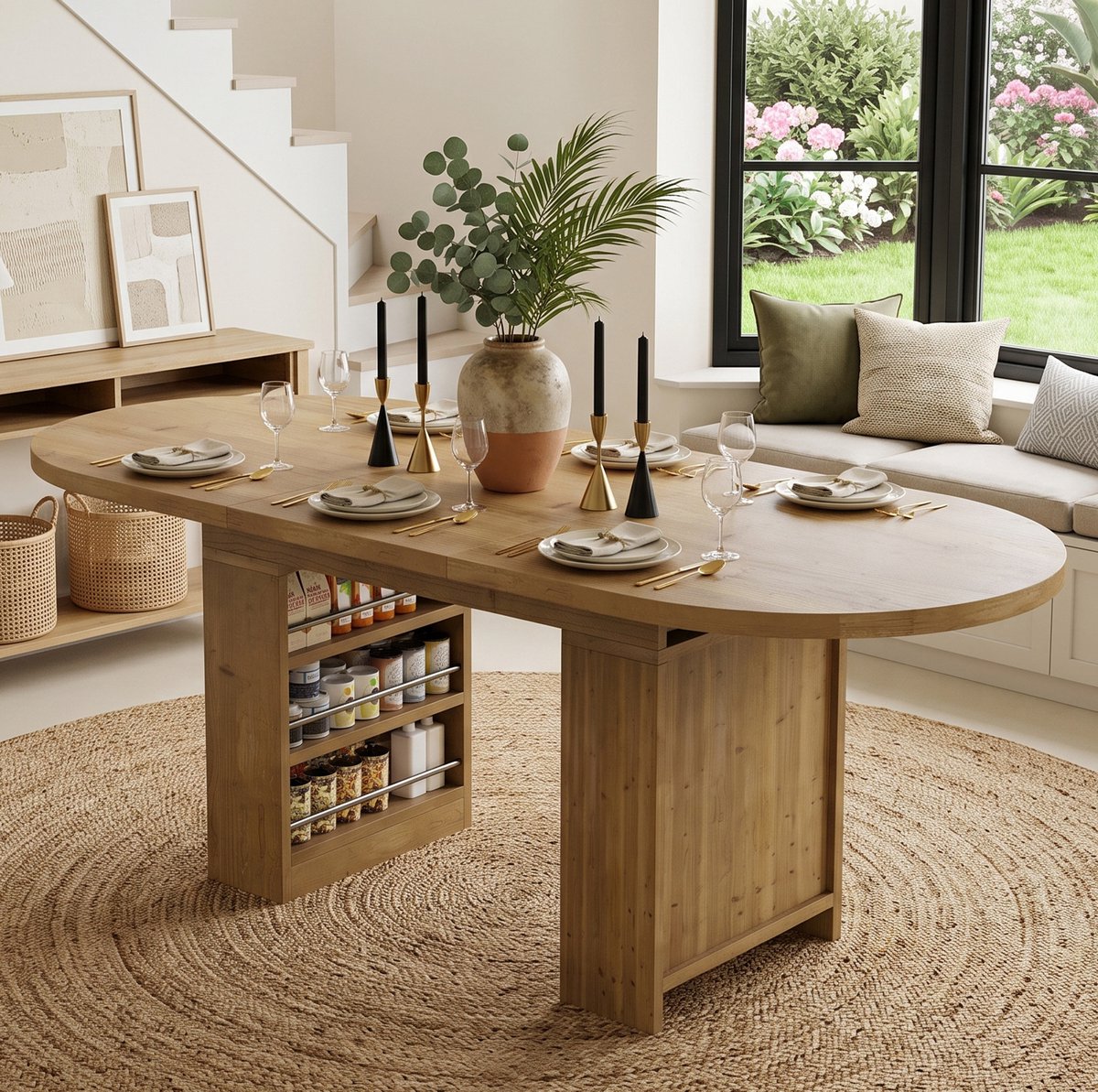 OKWISH Eettafel – Uitschuifbaar 150-200 x 90 cm – Voor 6-8 Personen – Met Open Opbergruimte – Scandinavische Stijl – MDF Eikenkleur