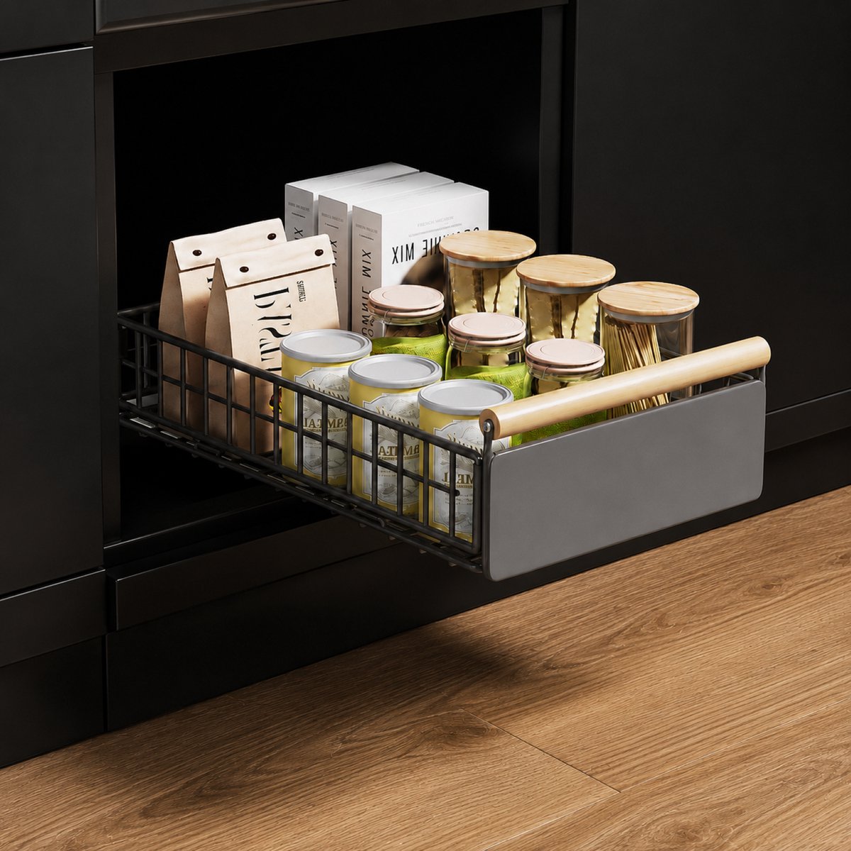 OUYLAF Opberglade Voor Onder De Gootsteen, Uittrekbare Lade organizer, Telescopische lade, Opbergplanken voor keukenkasten, 39.5x23.5x11 cm, Metalen Schuifbare Opbergmand Voor Keuken, keukenkast organizer grijs