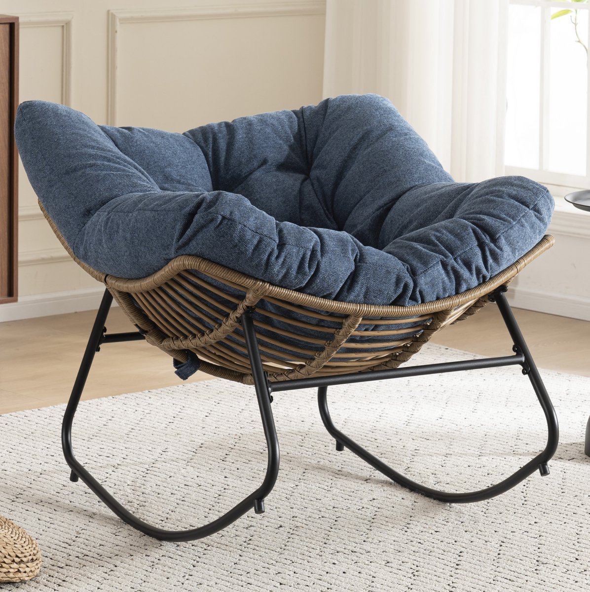 FloraGrace Schommelstoel Voor Volwassenen - Blauwe Chenille Relaxfauteuil Met Stevige Metalen Framebasis - Woonkamer En Leeshoek - Blauw
