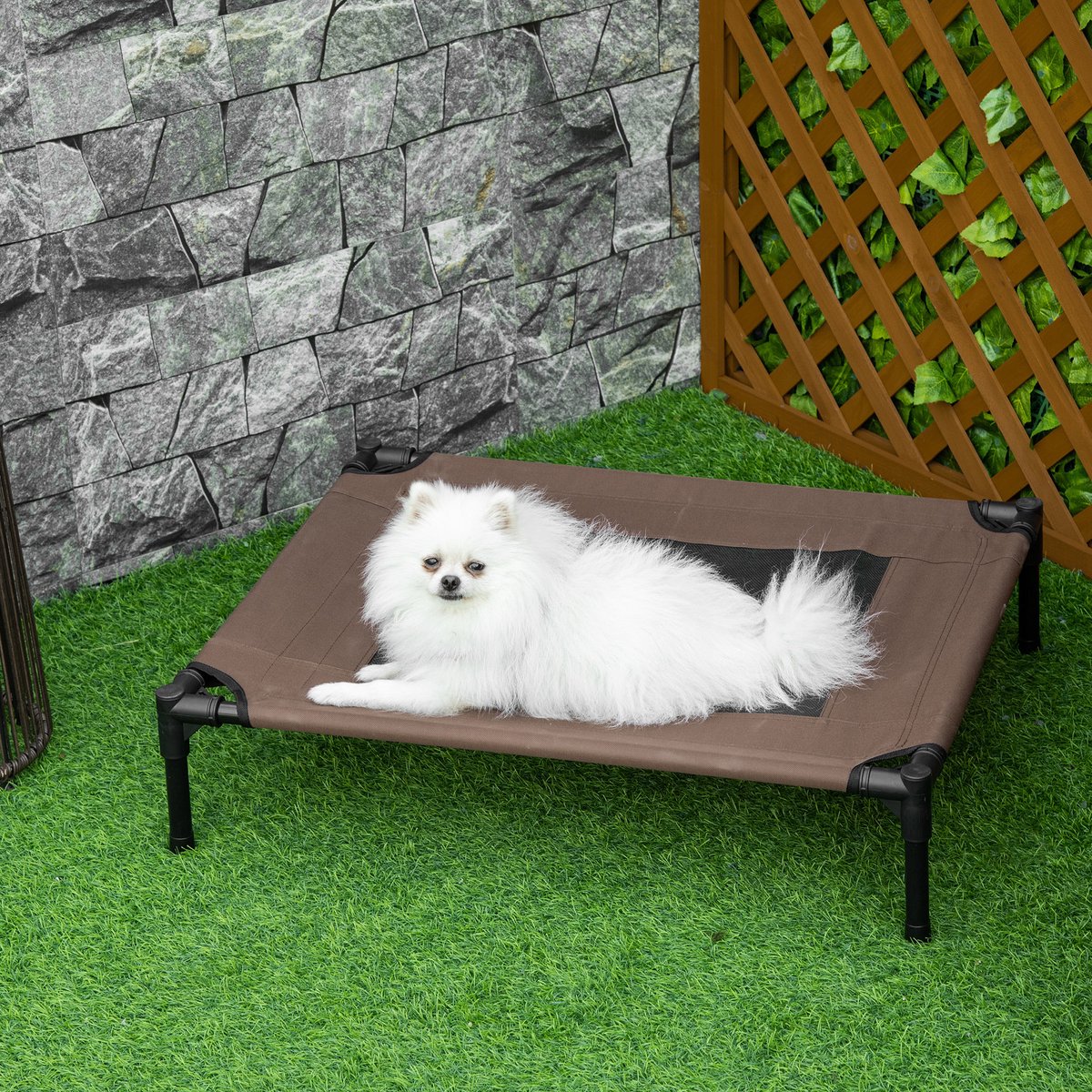MIVRAY Stretcher Voor Dieren – Verhoogd Hondenbed 76 x 61 x 18 cm – Staal En Oxford-Stof – Bruin – Voor Binnen Buiten En Camping