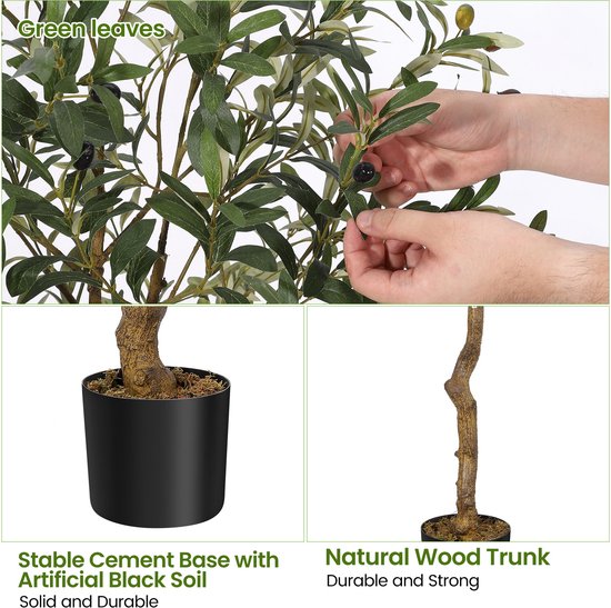 Close-up van kunstmatige olijfboom takken met groene bladeren en olijven. Zwarte pot met cementbasis en natuurlijke houten stam.