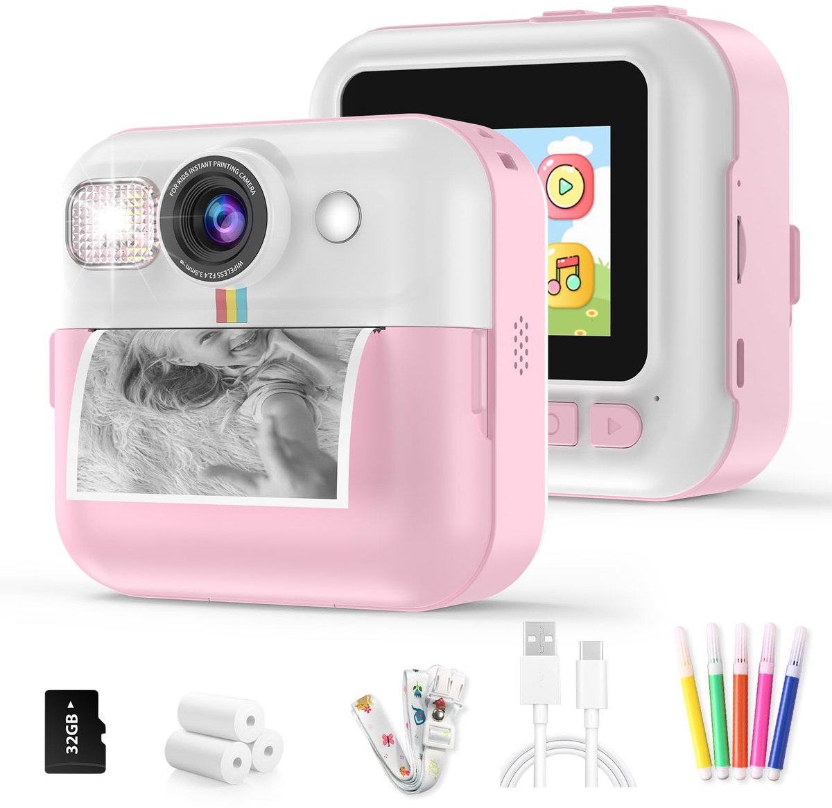 Kindercamera met foto printer - 48MP - Digitale Camera Kinderen - 32GB SD kaart - Full HD Foto en Video - Spelletjes - Fotoprinter - Kinder camera - Digitale kindercamera - Roze