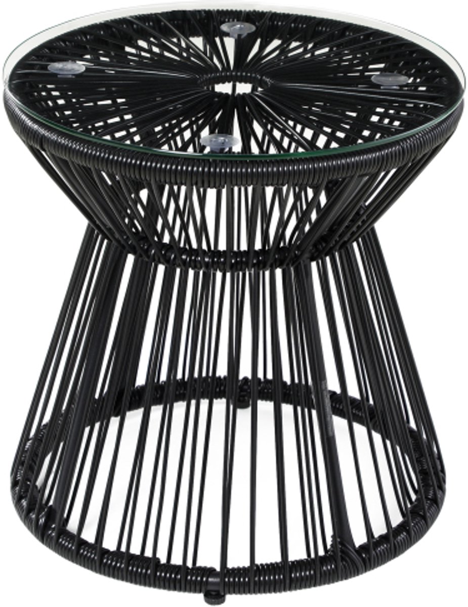 Rattan Bijzettafel Holle Trommel Ø40x42cm Zwart PE Rattan Gehard Glas Boho Stijl 30kg voor Tuin Balkon Terras