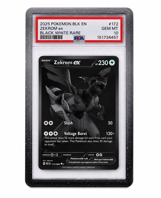 Gecertificeerde Pokémon kaart Zekrom EX, Black White Rare, met zilveren rand en tekst. PSA 10.