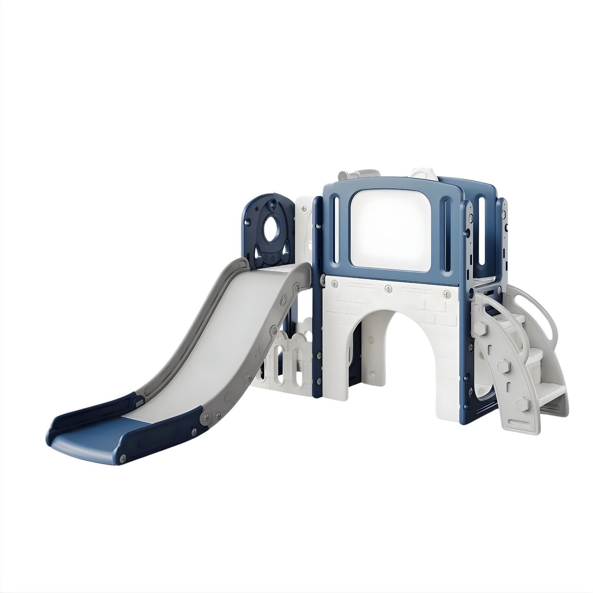 Speeltoestel peuters 8-in-1 - Multifunctioneel met glijbaan, klimfunctie, kruiptunnel en basketbalring - Kunststof blauw - Grijs