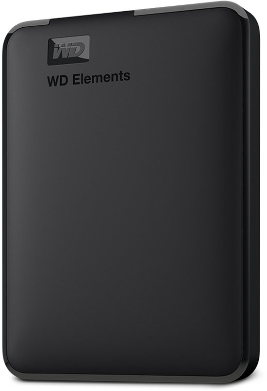 Zwarte WD Elements draagbare harde schijf, geïsoleerd op witte achtergrond.