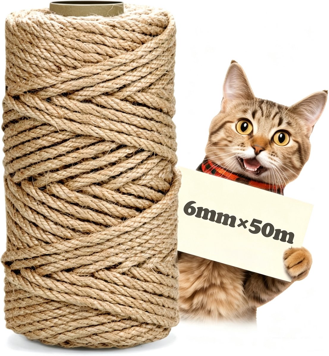 Natuurlijk sisaltouw - 6 mm × 50 mete - voor kattenkrabmat - Krabpalen - Krabplank - voor DIY kattenmeubels, decoratie en omwikkelen van buizen en trapleuningen
