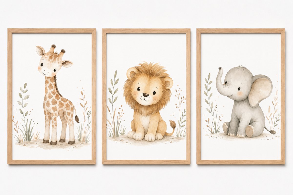 Safaridieren Posters Babykamer | Drieluik Giraf, Leeuw en Olifant | Inclusief 3 Houten A4 Lijsten