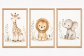 Affiches Animaux de Safari Chambre Bébé | Triptyque Girafe, Lion et Éléphant | Comprend 3 Cadres en Bois A4