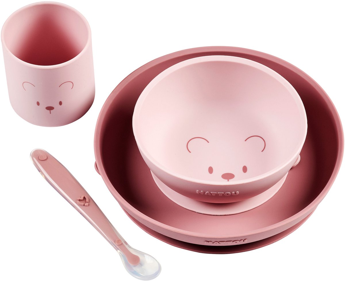 Nattou Mealtime Beer Serviesset Voor Kinderen Silicone 4 Stuks - Bord + Kom + Beker + Lepel - Antislip - BPA-vrij - Roze