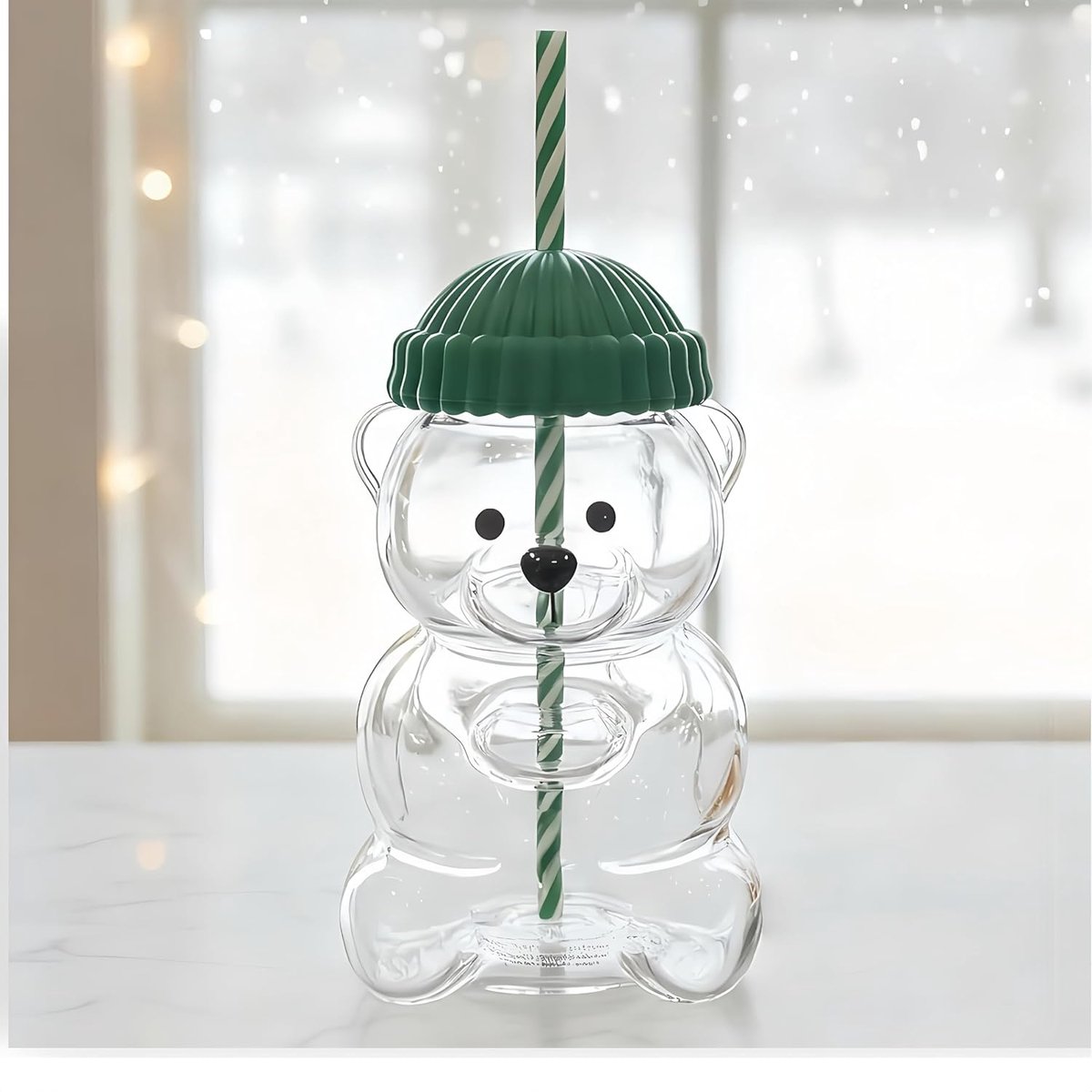 waterfles met rietje - Waterfles Staal - waterfles glas - 600ml - met berenmotief, deksel en rietje, herbruikbare beker voor ijskoffie, bubble tea, smoothies en cocktails