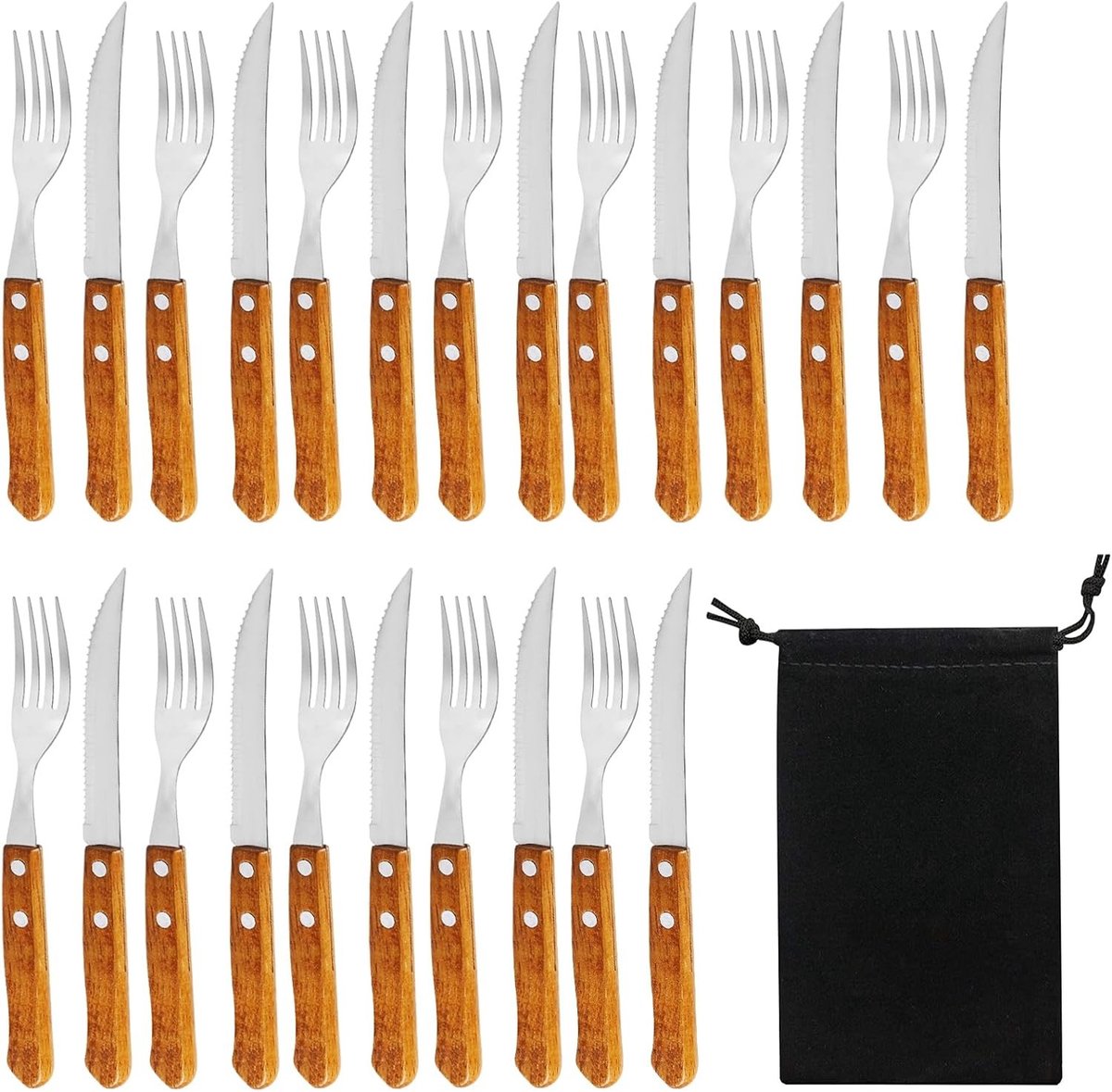24-delige steak bestekset voor 12 personen, met steakmessen, vorken en robuuste houten handgrepen, ideaal voor barbecue en diner