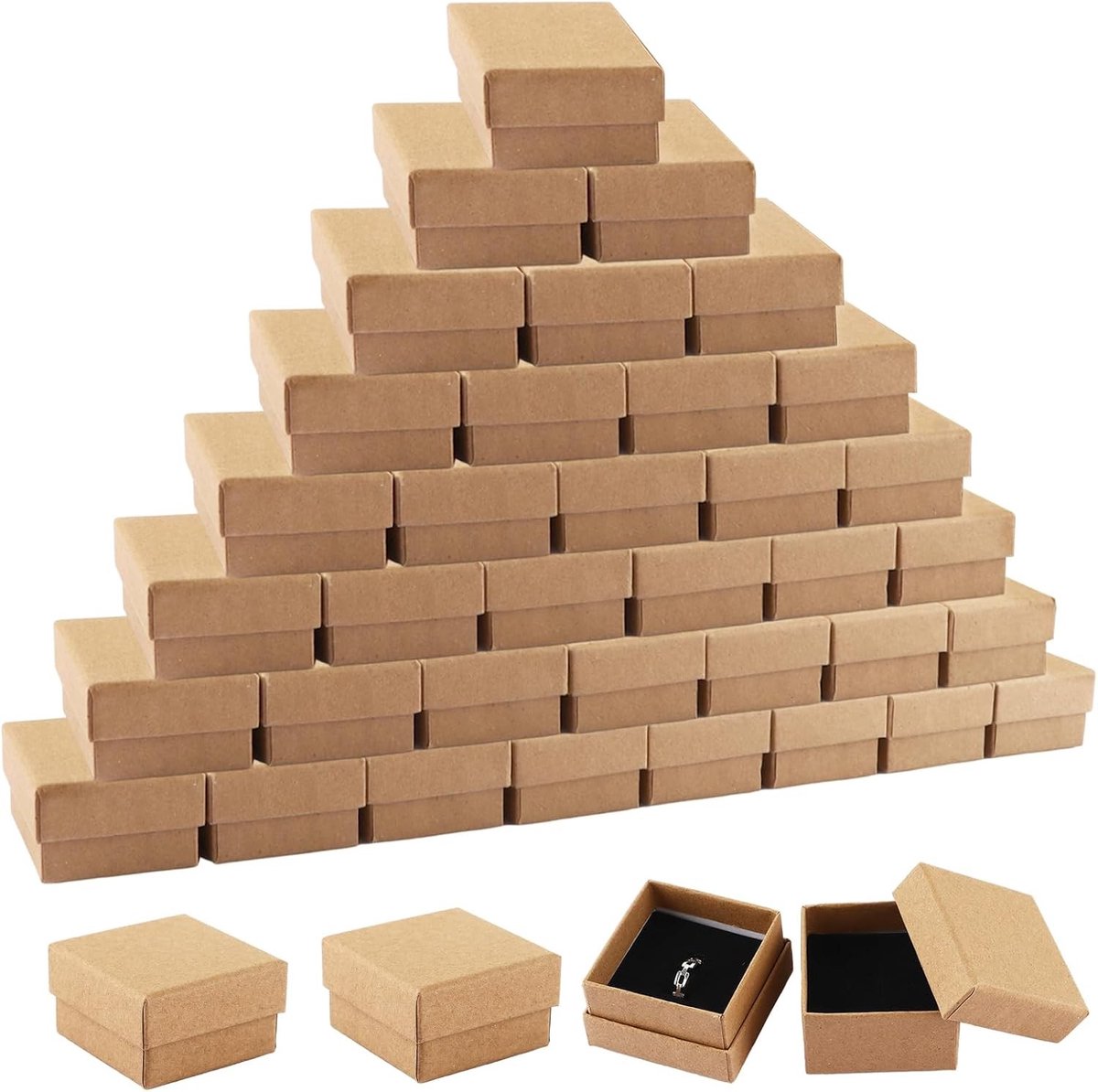 Sieraden Dozen Set van 48 Stuks, 5 x 5 x 3 cm Kraft Karton met Schuim Inleg voor Ringen en Oorbellen, Perfect voor Cadeaus en Verpakking