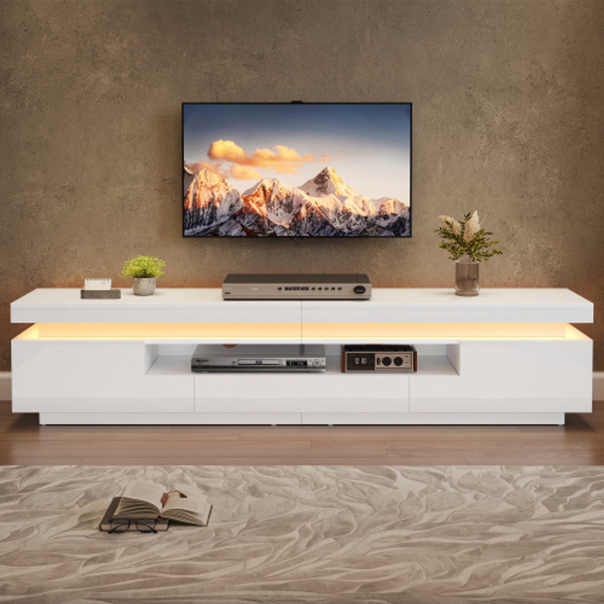 Wit Hoogglans TV-Meubel 175 cm met LED – Moderne TV-Kast met 2 L-Vormige Kasten en 1 Lade – Voor TV's tot 75 Inch
