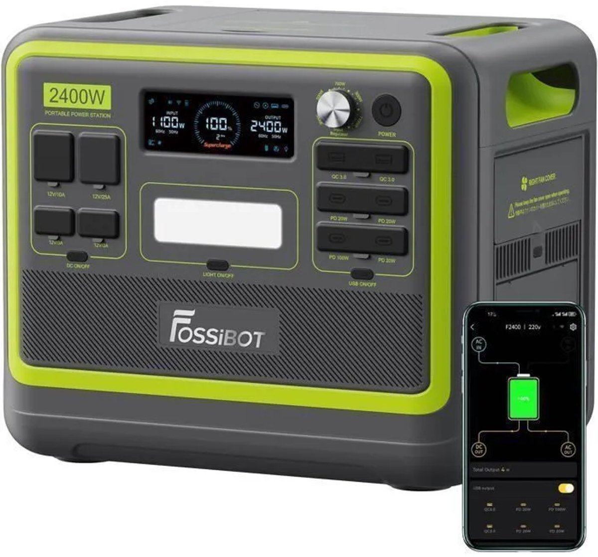 FOSSiBOT F2400 Groen Draagbare Powerstation | 2048Wh LiFePO4 2400W (4800W Piek) Energiecentrale, UPS Functie, BrightEMS App Voor Kamperen, Camper & Thuis Noodstroom