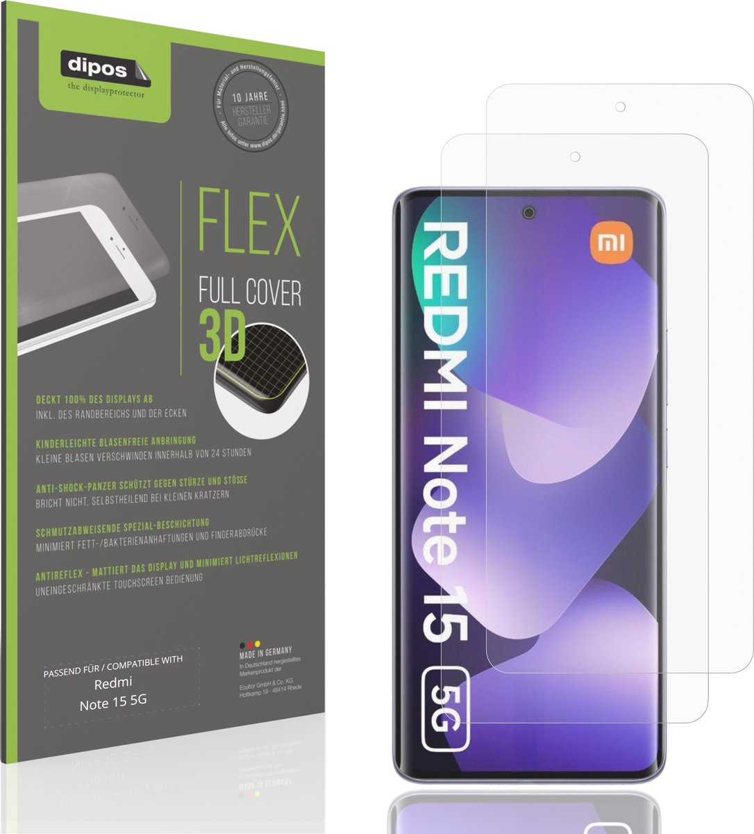 dipos FLEX – 2x Matte Screenprotector geschikt voor Redmi Note 15 5G | Volledige Schermbescherming | Case-Friendly