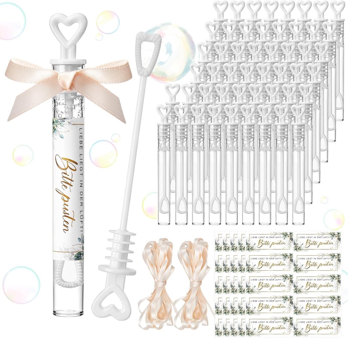 50 Huwelijksbellen Set met Stickers, Bellenbuisjes met Hart, Ceremonie Accessoires en Bedankjes voor Gasten, Decoratie voor Feestelijke Gelegenheden