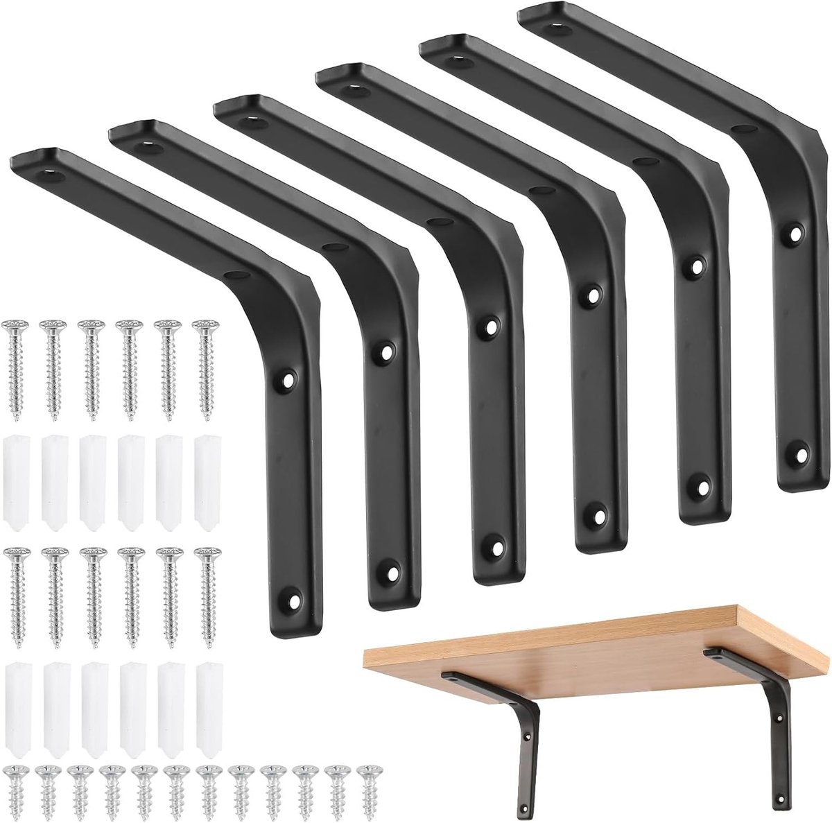 Zware Hoeksteunen voor Planken - 6-Pack Metalen Steunen voor Wandmontage, 90 Graden, Triangulaire Ontwerp, Ideaal voor Opslag en Organisatie, 150x125mm, Zwart