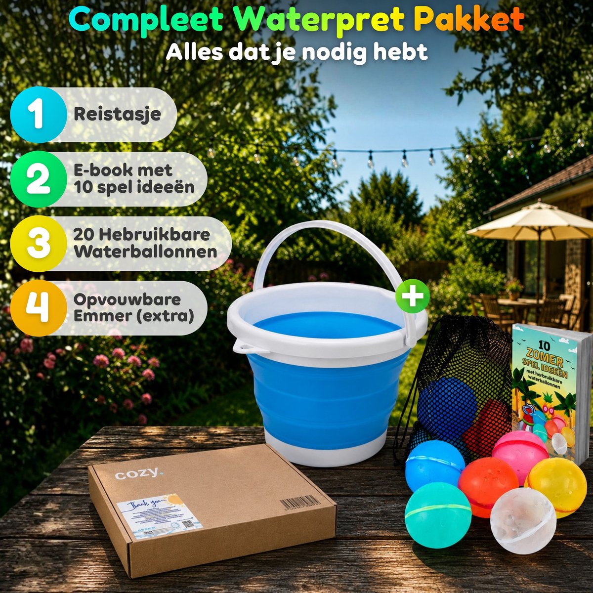cozy.® Herbruikbare Waterballonnen Pro XL 2026 - Complete Familie Set - 20 Stuks + Opvouwbare Emmer - Zomers Waterspeelgoed - Extra Groot, Zelfsluitend & Duurzaam - Inclusief E-book met Spelideeën - Splashbal - Camping, Tuin & Vakantie Spelletjes — afbeelding 8