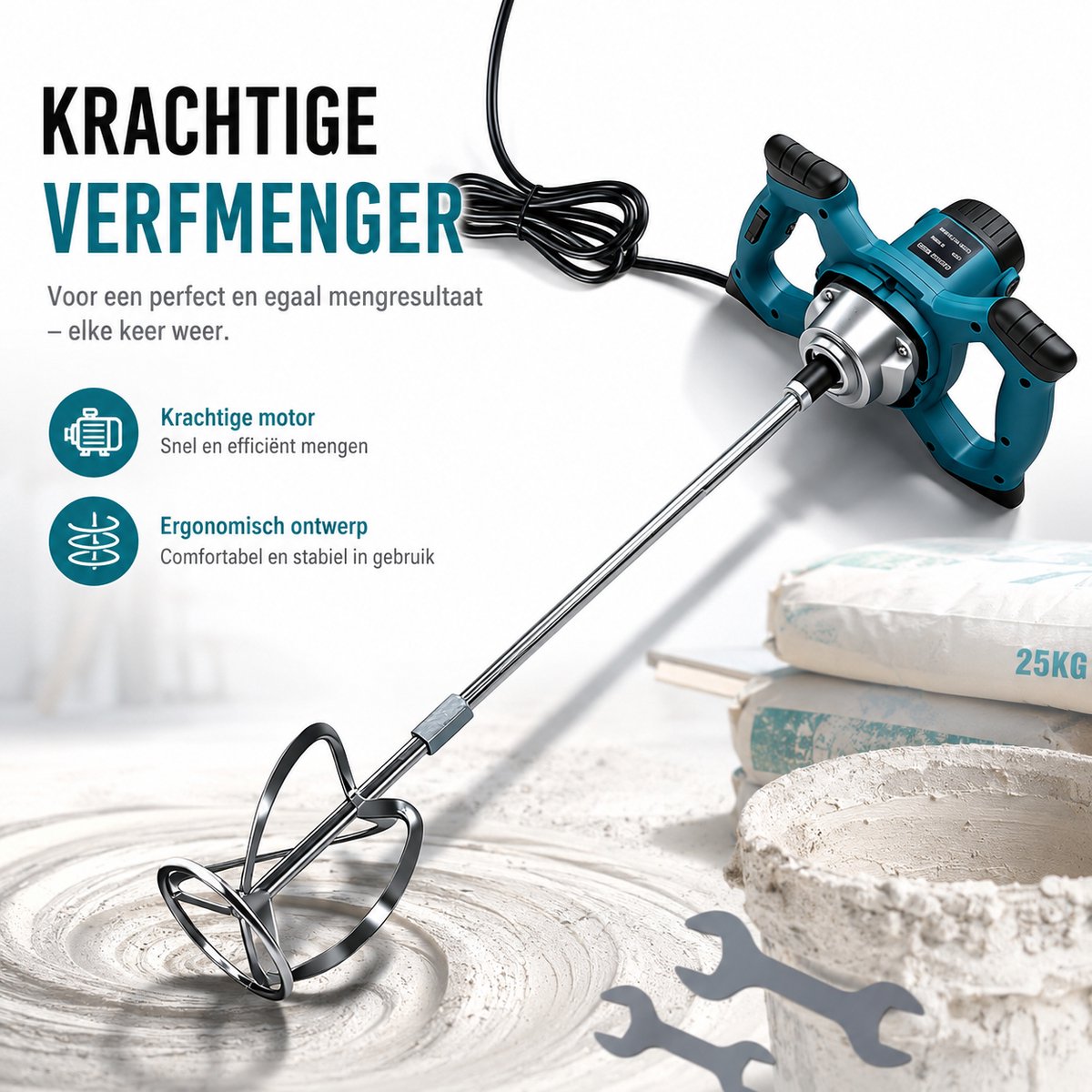 Cementmixer/Elektrische mixer/Verfmixer – 220V – Uitgerust met mengstaaf en mengkop – Geschikt voor verf, gips, cement, mortel, lijm, tegellijm – Krachtige mixer voor bouw-, renovatie- en doe-het-zelfprojecten – Inclusief 2 mengopzetstukken