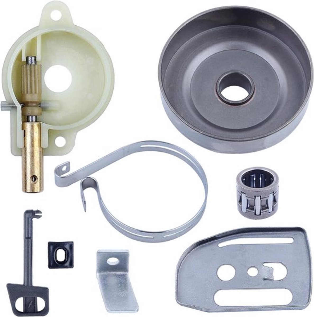 Complete kit met trommeloliepomp, koppeling, remband, stuurplaat en choke rod, geschikt voor Husqvarna kettingzagen modellen 142, 141, 137, 136, 36 en 41