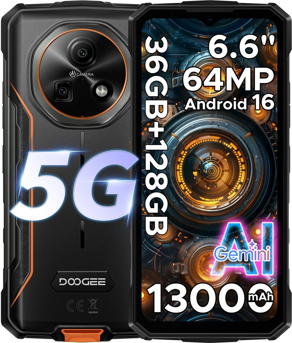 DOOGEE Fire 7 5G - Smartphone - Robuuste Smartphone - 36GB RAM + 128GB ROM/2TB TF - Android 16 - 13000mAh/18W - 6,6 inch HD+ 90Hz Scherm - IP68 Waterdicht - Dimensity 6300 - 64MP AI Camera - Gemini AI - NFC - OTG - 3 Card Slots - Oranje