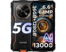 DOOGEE Fire 7 5G - Smartphone - Robuuste Smartphone - 36GB RAM + 128GB ROM/2TB TF - Android 16 - 13000mAh/18W - 6,6 inch HD+ 90Hz Scherm - IP68 Waterdicht - Dimensity 6300 - 64MP AI Camera - Gemini AI - NFC - OTG - 3 Card Slots - Oranje