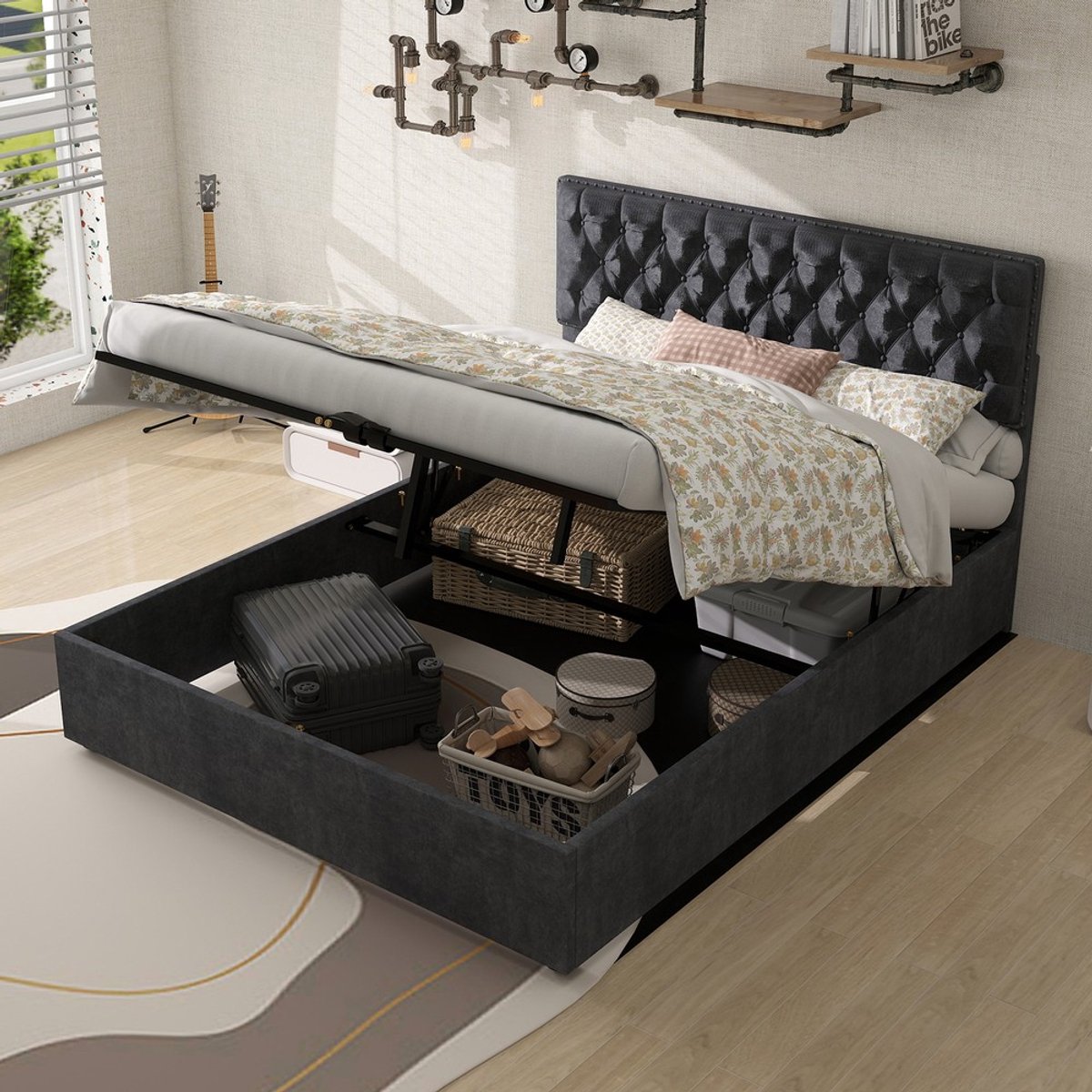 KOMHTOM - Zacht Boxbed - 140x200 cm - Pneumatische Veer - Comfortabel Hoofdeinde - Multifunctioneel - Grijs