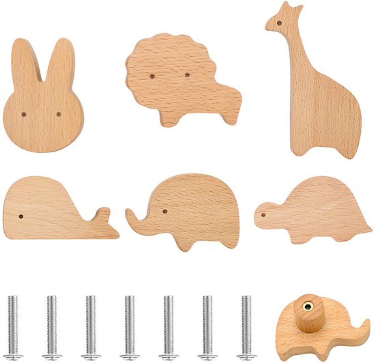 Kastknoppen voor Kinderkamer - 6 Stuks Dieren Houten Ladehandvat, Dierenvorm Meubelknoppen, Deurhandgrepen met Dierenmotieven en Schroeven